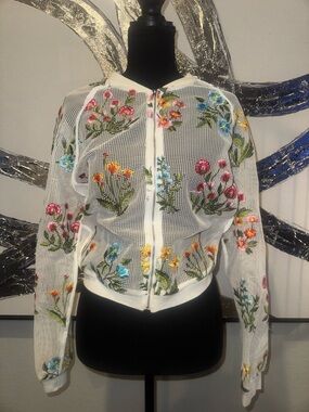 Chelsea & Violet White Mesh Zip-Front Floral Embroidered Jacket